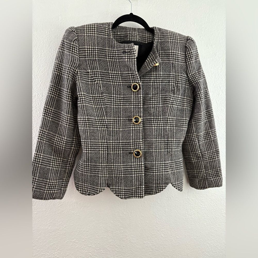 Albert Nipon Blazer Shiny Thread, Wool Plaid Gold… - image 1